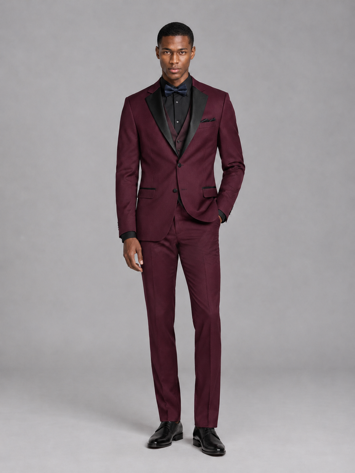 Savile Men's Burgundy Contrast Shawl Lapel Tuxedo Suit – 3-Piece Wedding, Prom & Black-Tie Formal Set - Burgundy - Burgundy_2