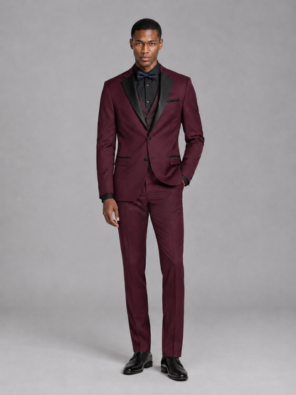 Savile Men's Burgundy Contrast Shawl Lapel Tuxedo Suit – 3-Piece Wedding, Prom & Black-Tie Formal Set - Burgundy - Burgundy_2