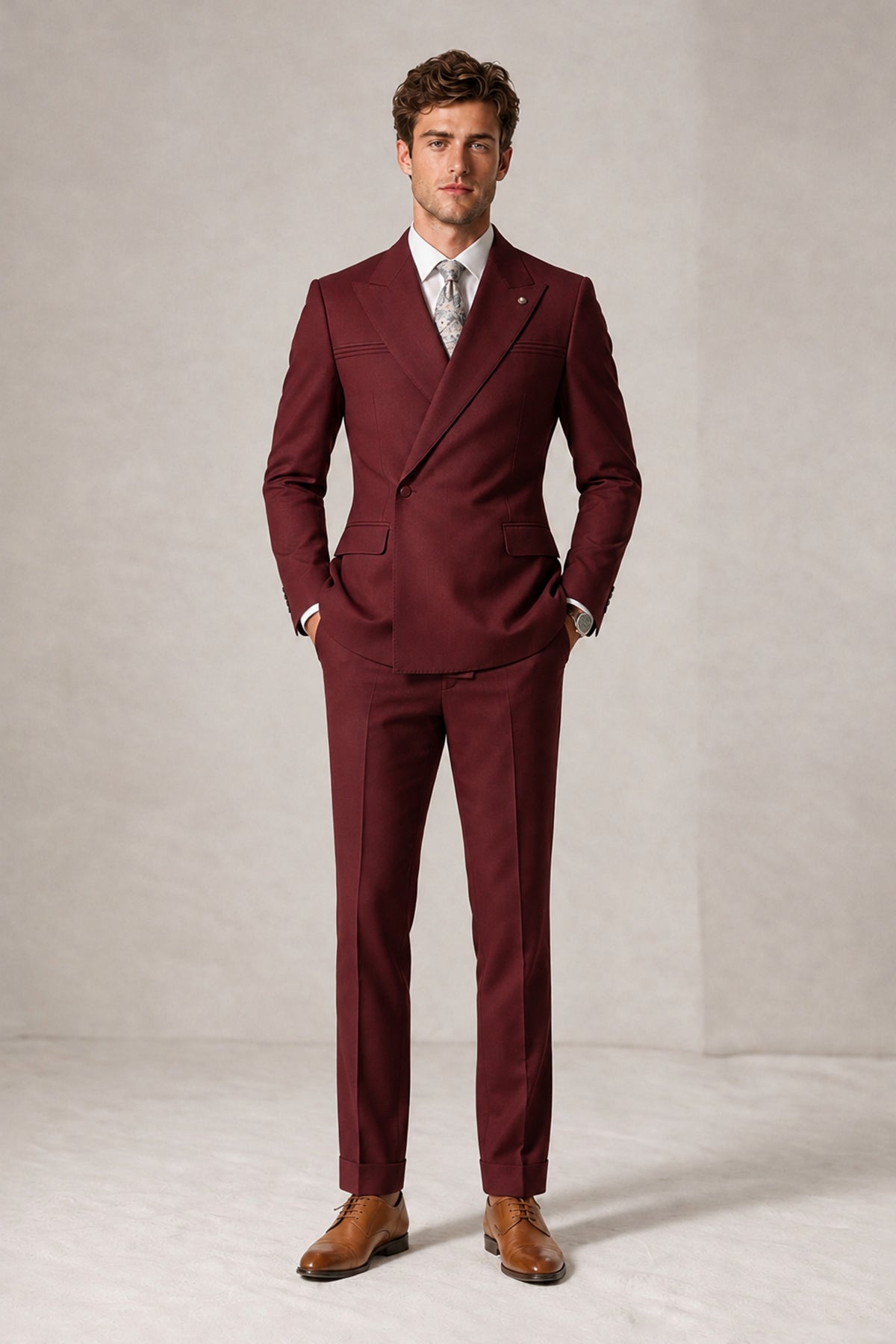 Savile Men's Burgundy Double-Breasted Slim Fit 2-Piece Suit Set – Peak Lapel Blazer & Cuffed Trousers | Wedding Prom Formal - Burgundy