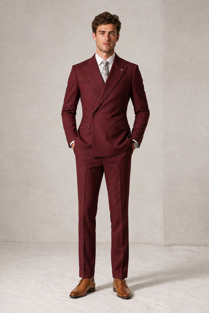 Savile Men's Burgundy Double-Breasted Slim Fit 2-Piece Suit Set – Peak Lapel Blazer & Cuffed Trousers | Wedding Prom Formal - Burgundy
