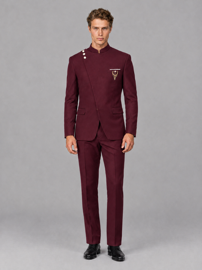 Savile Men's Burgundy Mandarin Collar Asymmetrical 2-Piece Suit Set – Modern Jacket & Trousers - Burgundy - Burgundy_2