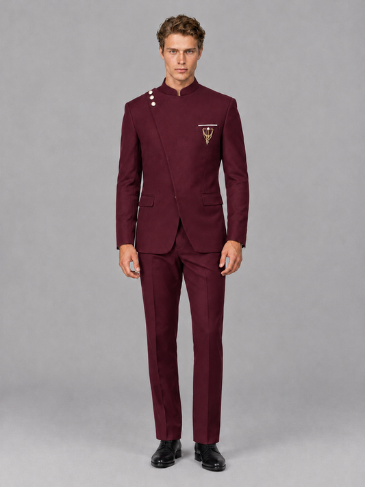Savile Men's Burgundy Mandarin Collar Asymmetrical 2-Piece Suit Set – Modern Jacket & Trousers - Burgundy - Burgundy_2