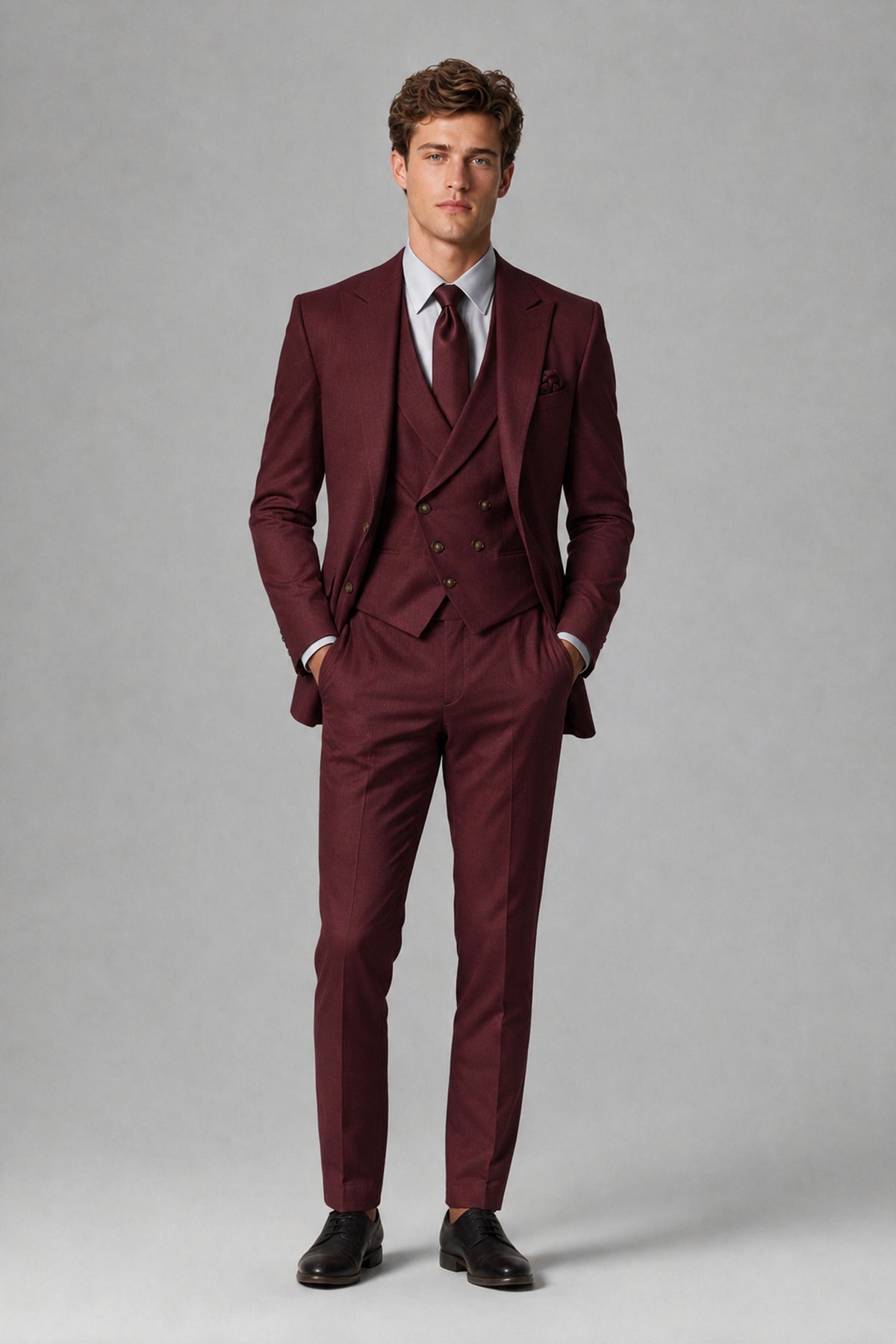 Savile Men's Dusty Burgundy 3-Piece Suit – Jacket, Vest & Trousers | QX0113 - Burgundy