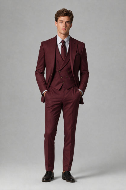 Savile Men's Dusty Burgundy 3-Piece Suit – Jacket, Vest & Trousers | QX0113 - Burgundy
