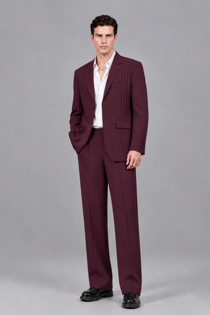 Savile Men's Burgundy Pleated 2-Piece Suit Set | Notch Lapel Blazer & Tailored Trousers - Burgundy - Burgundy_2