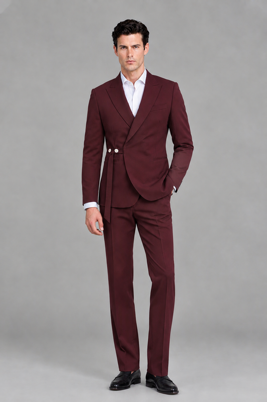 Savile Men's Modern Burgundy 2-Piece Wrap Suit Set – Peak Lapel Side-Button Blazer & Tailored Trousers - Burgundy - Burgundy_2