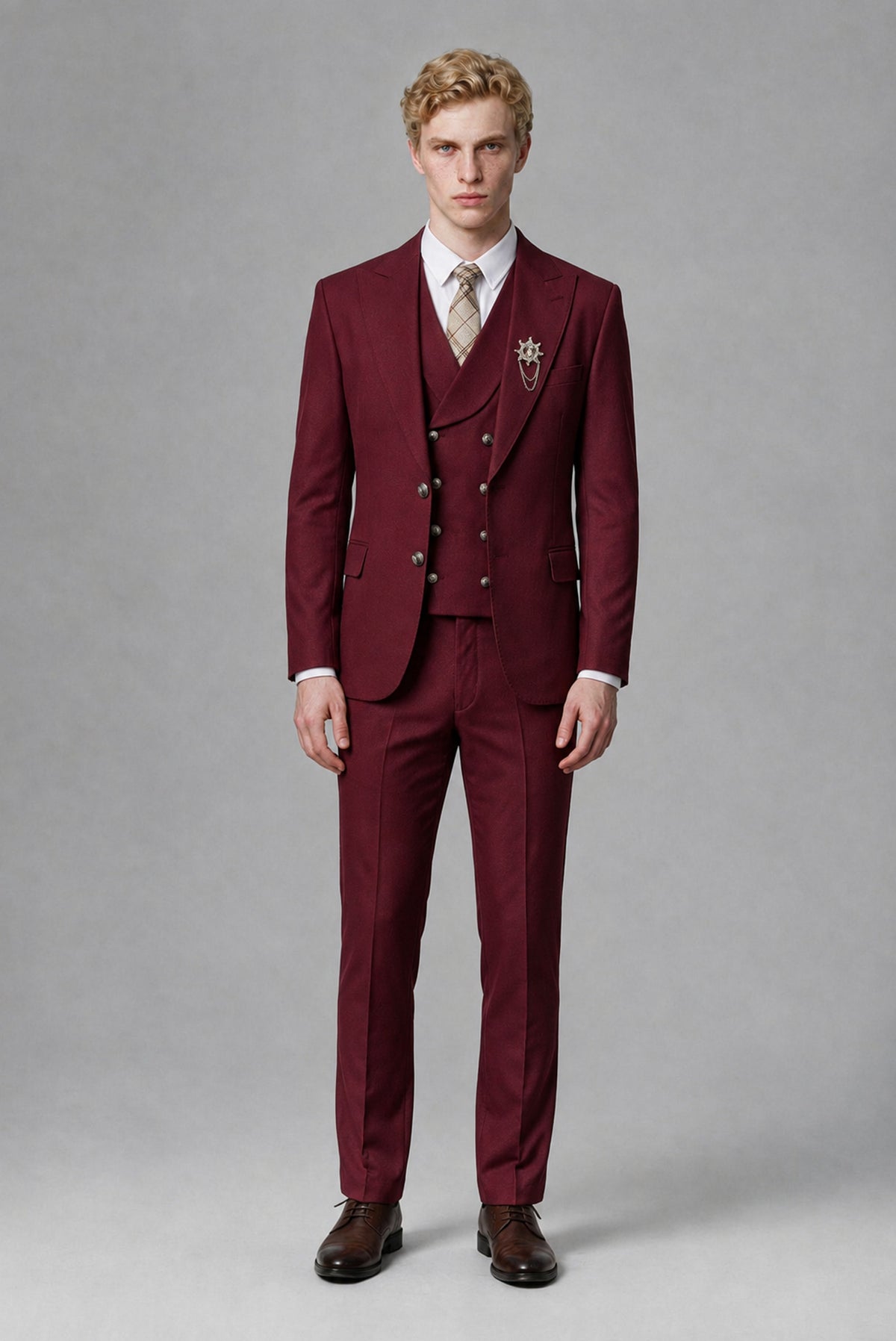 Savile Men's Burgundy Three-Piece Wedding Suit with Double-Breasted Waistcoat - Burgundy
