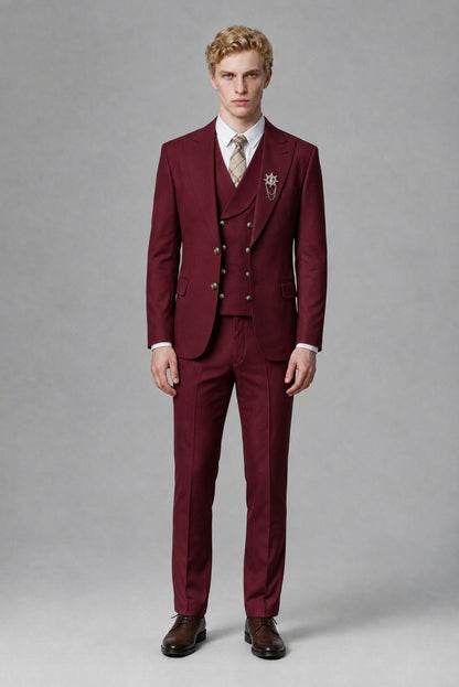 Savile Men's Burgundy Three-Piece Wedding Suit with Double-Breasted Waistcoat - Burgundy