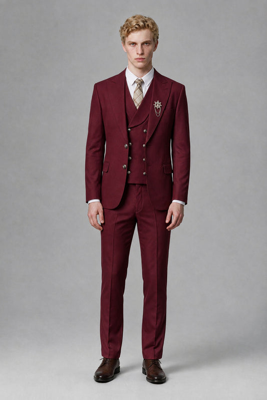 Savile Men's Burgundy Three-Piece Wedding Suit with Double-Breasted Waistcoat - Burgundy