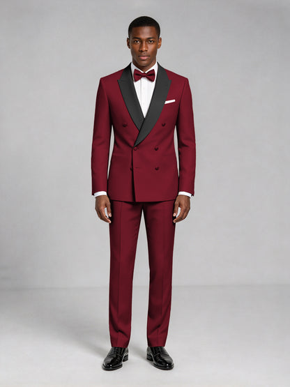 Men's Burgundy Double-Breasted Tuxedo Suit – Satin Shawl Lapel Burgundy-Tie Wedding & Gala 2-Piece Set - Burgundy