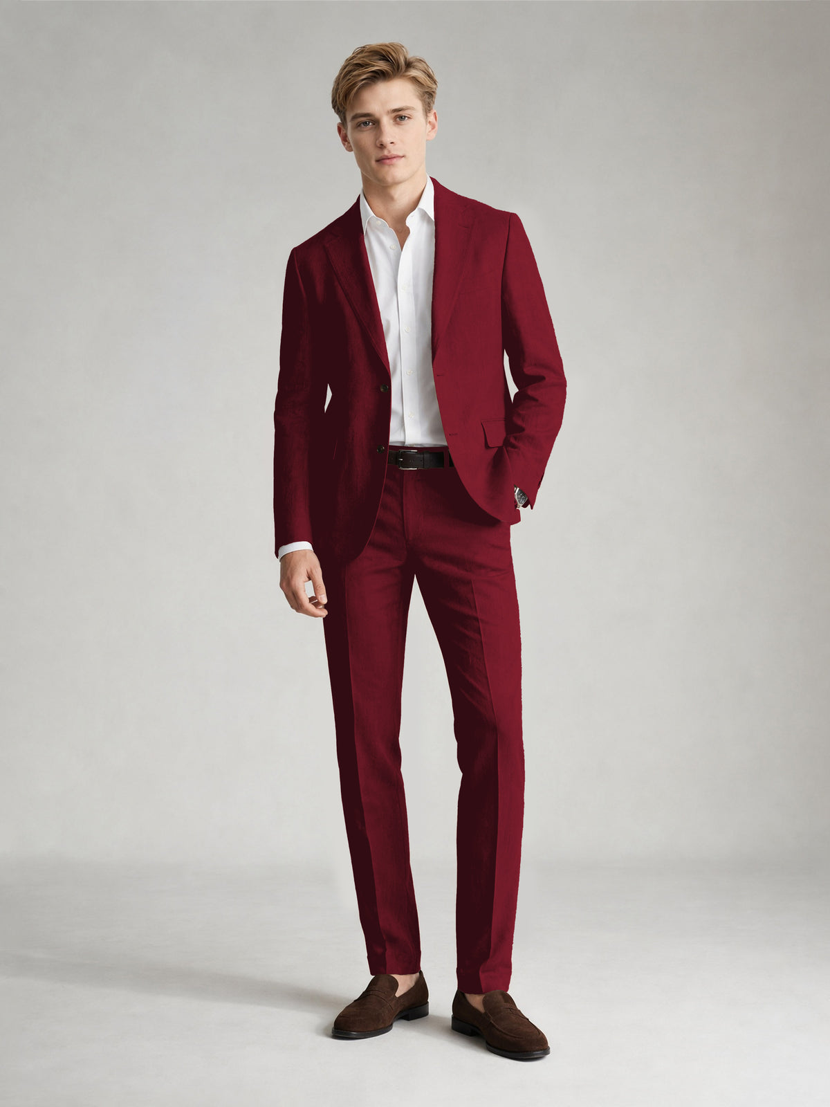 Savile Men's Sand Khaki Linen-Blend 2-Piece Suit Set – Two-Button Notch Lapel Slim-Fit Blazer & Slim Trousers - Burgundy - Burgundy