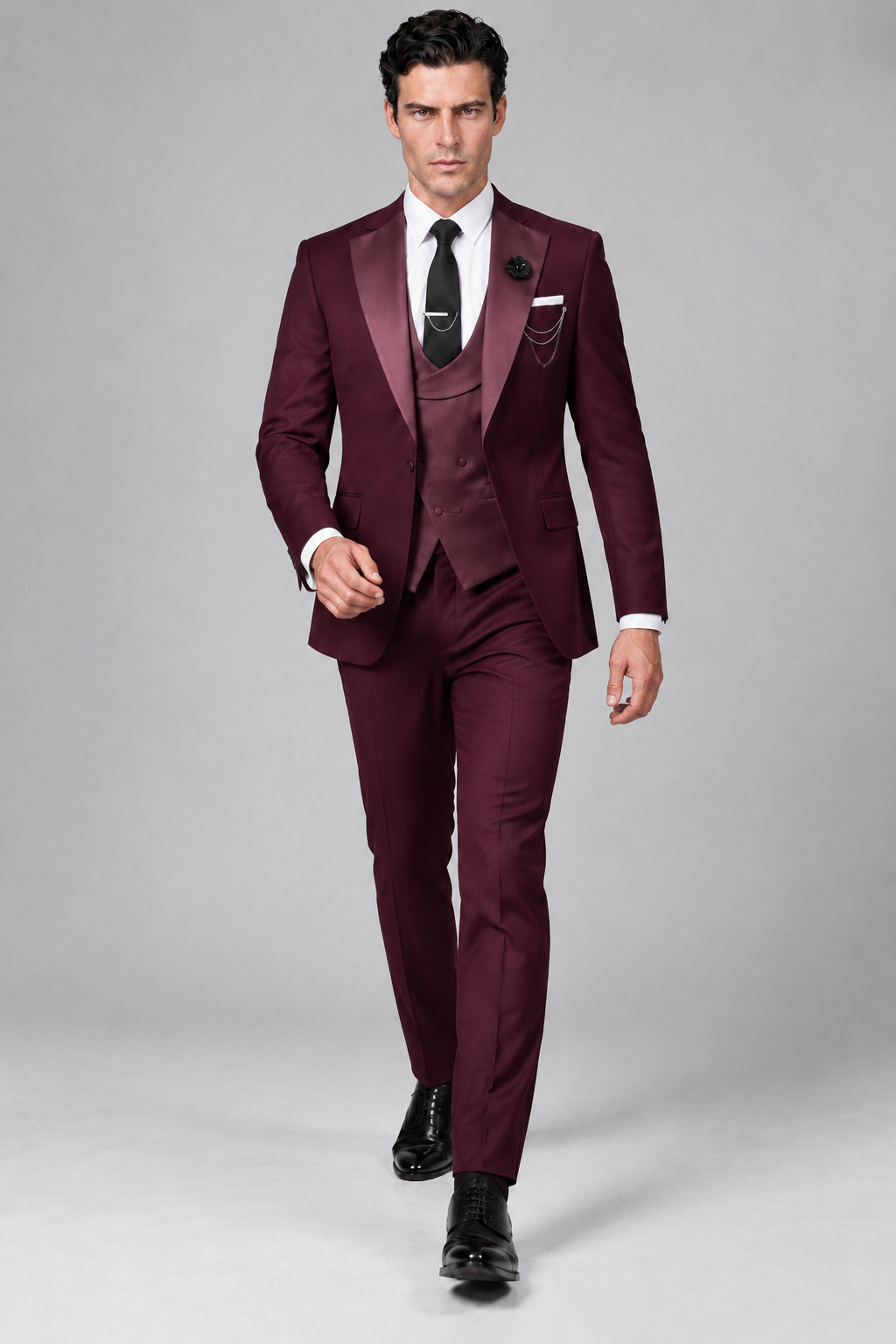 Savile Men's Burgundy 3-Piece Tuxedo Suit – Contrast Silver Peak Lapel & Grey Vest Formal Set - Burgundy - Burgundy_2