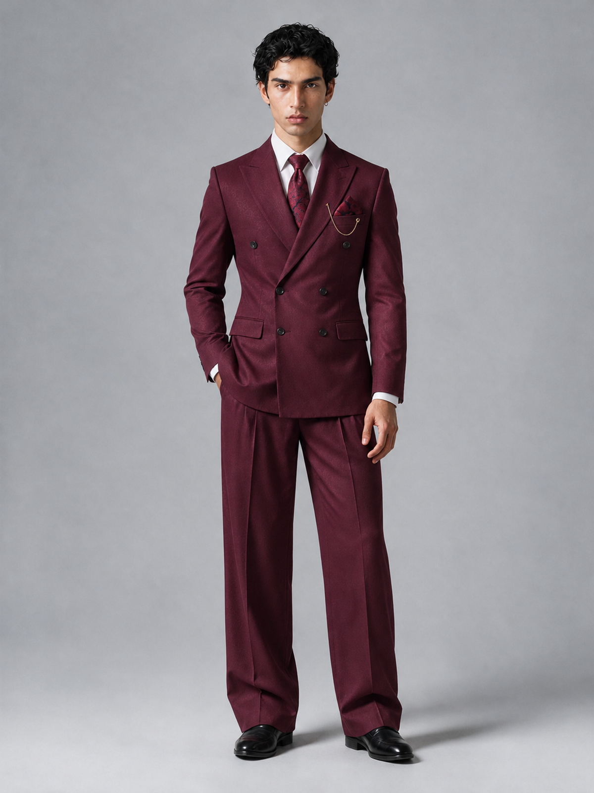 Savile Men's Burgundy Double-Breasted 2-Piece Suit Set – Peak Lapel Blazer & Pleated Wide-Leg Trousers - Burgundy - Burgundy_2