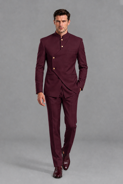 Savile Men's Burgundy Asymmetrical Mandarin Collar Tuxedo Suit – Modern 2-Piece Gold Button Wedding, Prom & Gala Set - Burgundy - Burgundy_2
