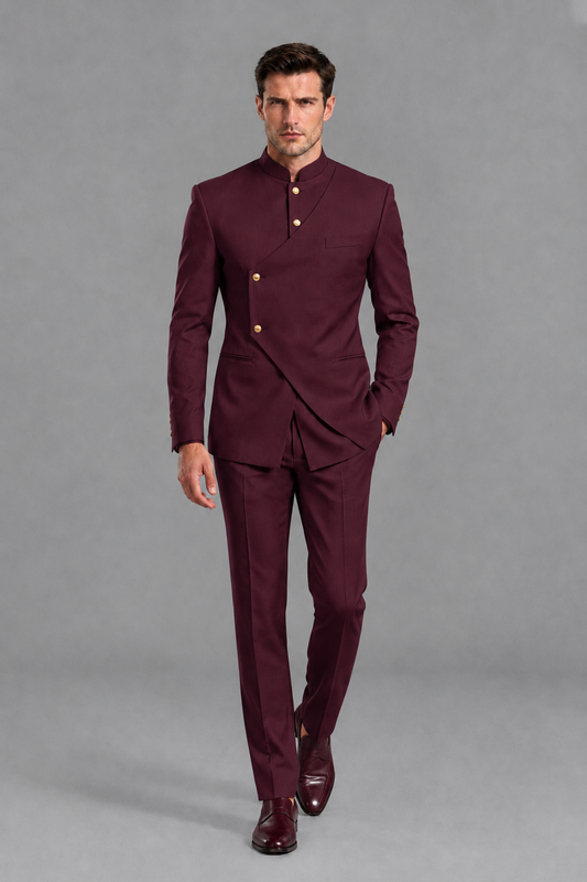 Savile Men's Burgundy Asymmetrical Mandarin Collar Tuxedo Suit – Modern 2-Piece Gold Button Wedding, Prom & Gala Set - Burgundy - Burgundy_2