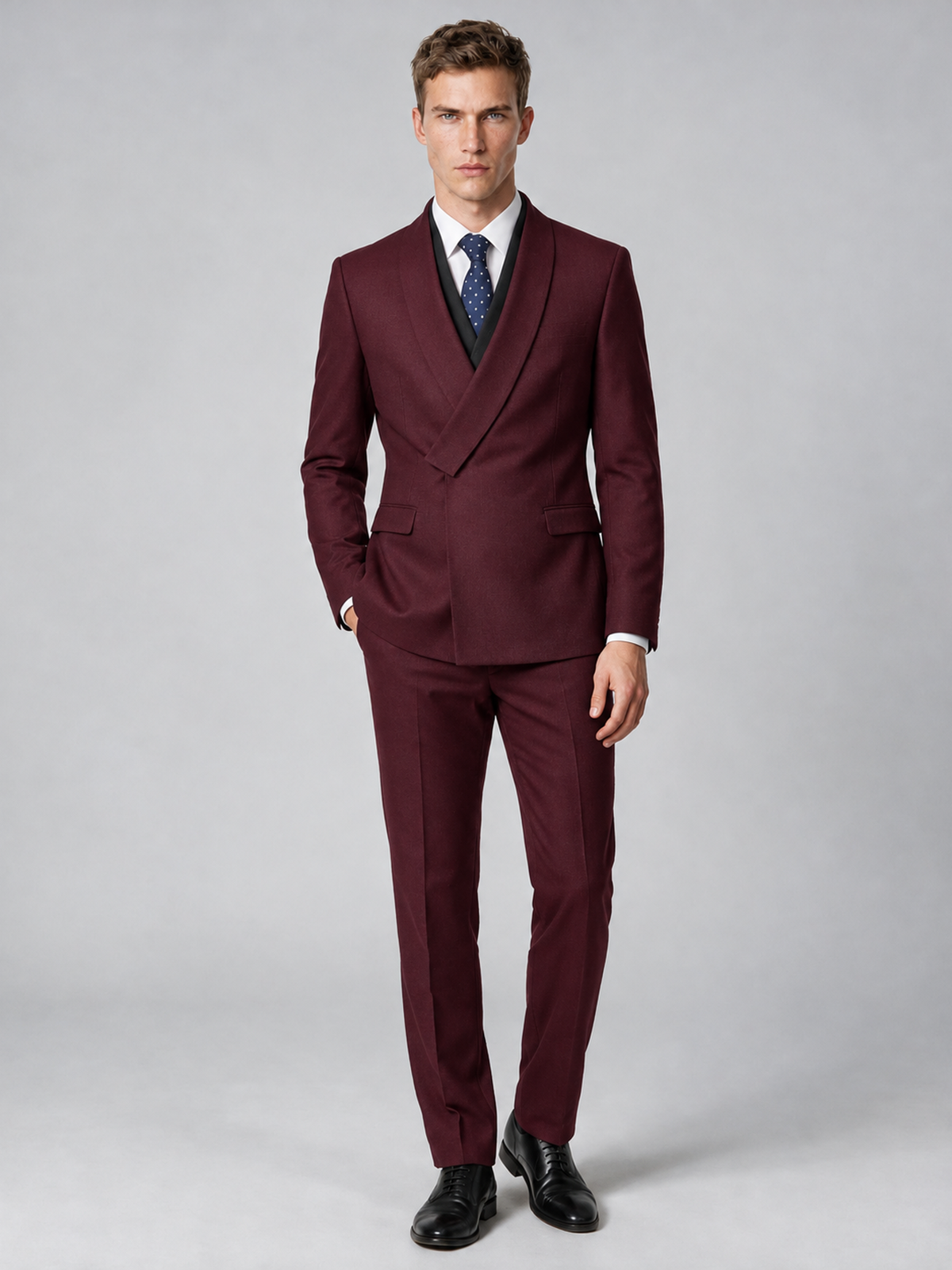 Savile Men's Burgundy Wrap Shawl Lapel 2-Piece Suit Set – Modern Jacket & Trousers - Burgundy - Burgundy_2