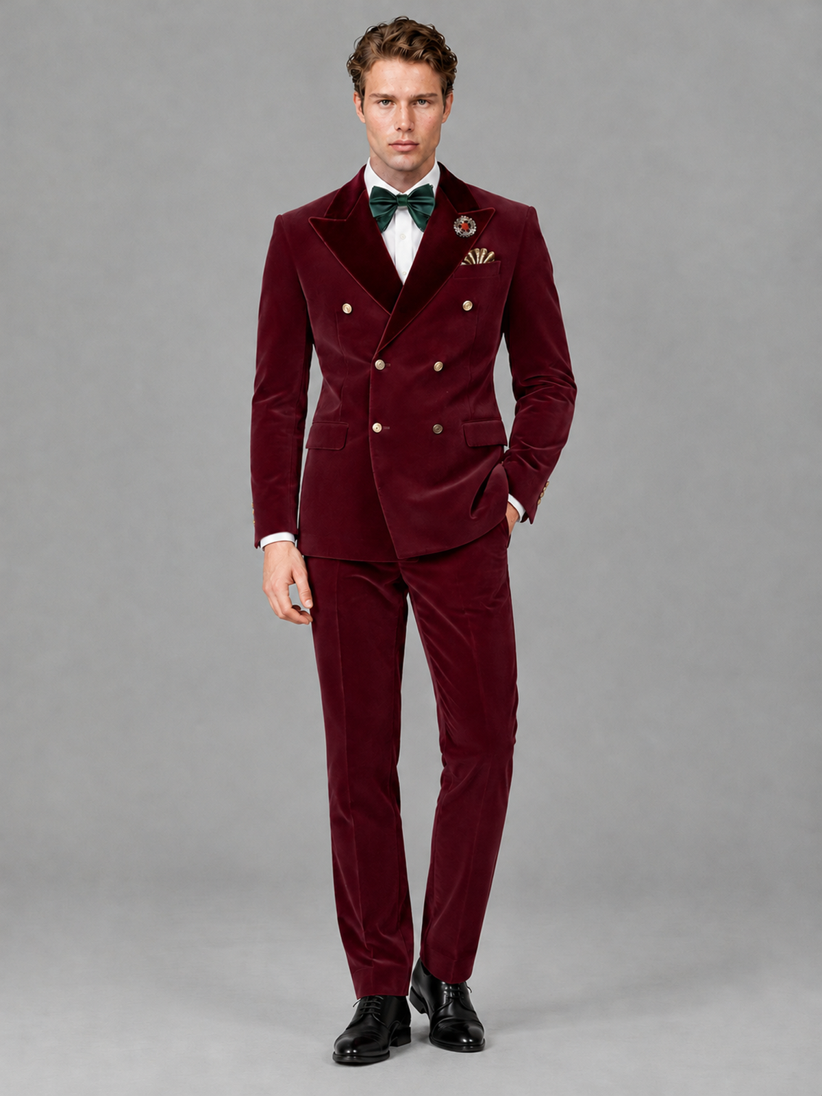 Savile Men's Burgundy Velvet Double-Breasted 2-Piece Tuxedo Suit with Burgundy Peak Lapel - Burgundy