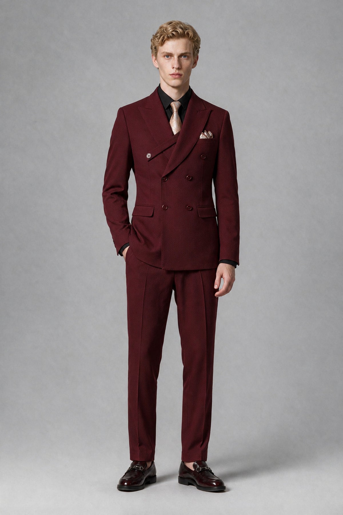 Savile Men's Burgundy Double-Breasted Two-Piece Suit - Burgundy