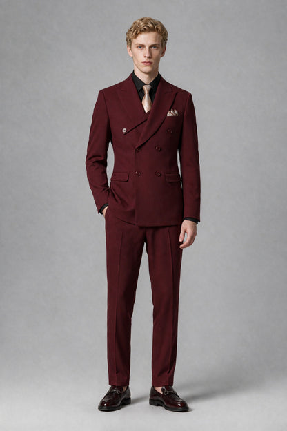 Savile Men's Burgundy Double-Breasted Two-Piece Suit - Burgundy