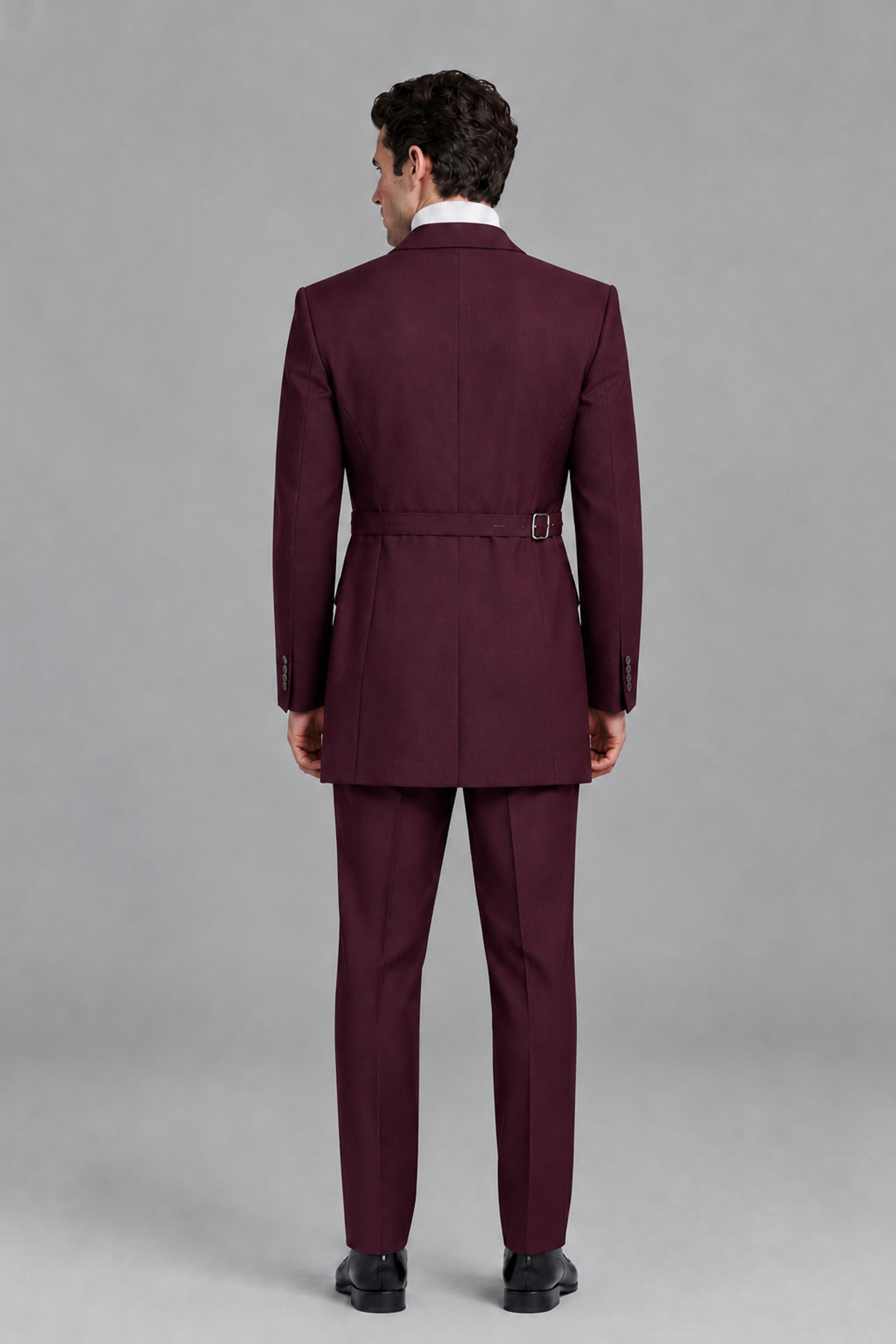 Savile Men's Burgundy Double Buckle Wrap Belted 2-Piece Suit Set – Peak Lapel Slim-Fit Jacket & Trousers - Burgundy - Burgundy_3