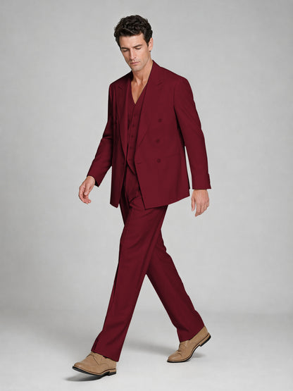 Men's Burgundy Double-Breasted 2-Piece Suit – Peak Lapel Wedding & Beach Formal Set with Vest - Burgundy