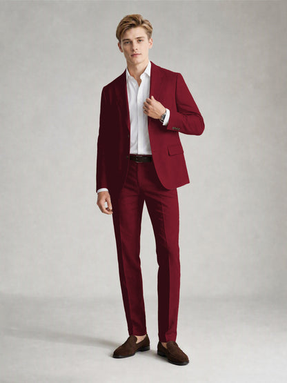 Savile Men's Sand Khaki Linen-Blend 2-Piece Suit Set – Two-Button Notch Lapel Slim-Fit Blazer & Slim Trousers - Burgundy - Burgundy