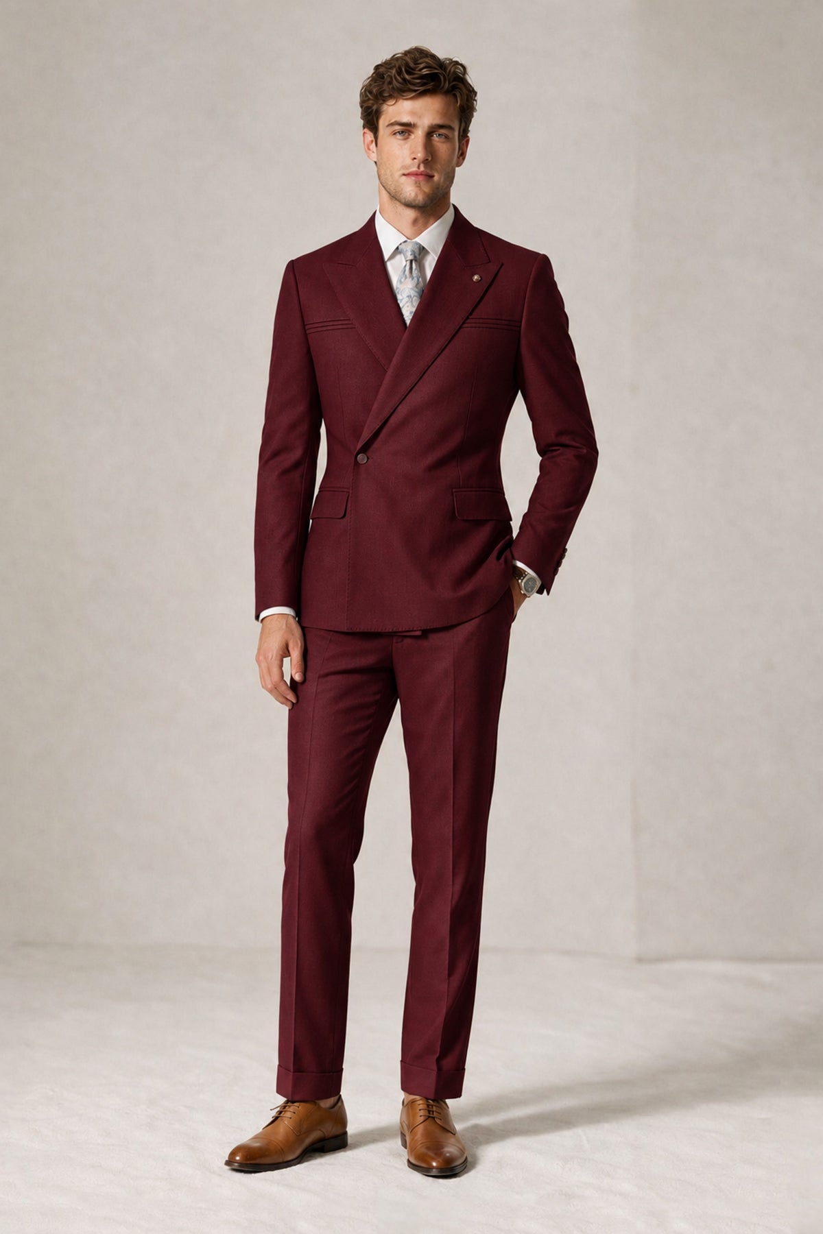 Savile Men's Burgundy Double-Breasted Slim Fit 2-Piece Suit Set – Peak Lapel Blazer & Cuffed Trousers | Wedding Prom Formal - Burgundy
