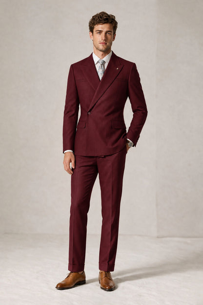 Savile Men's Burgundy Double-Breasted Slim Fit 2-Piece Suit Set – Peak Lapel Blazer & Cuffed Trousers | Wedding Prom Formal - Burgundy