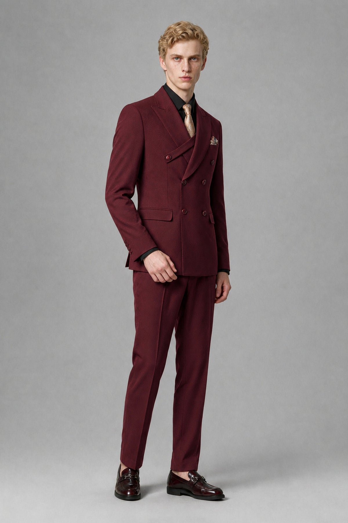 Savile Men's Burgundy Double-Breasted Two-Piece Suit - Burgundy