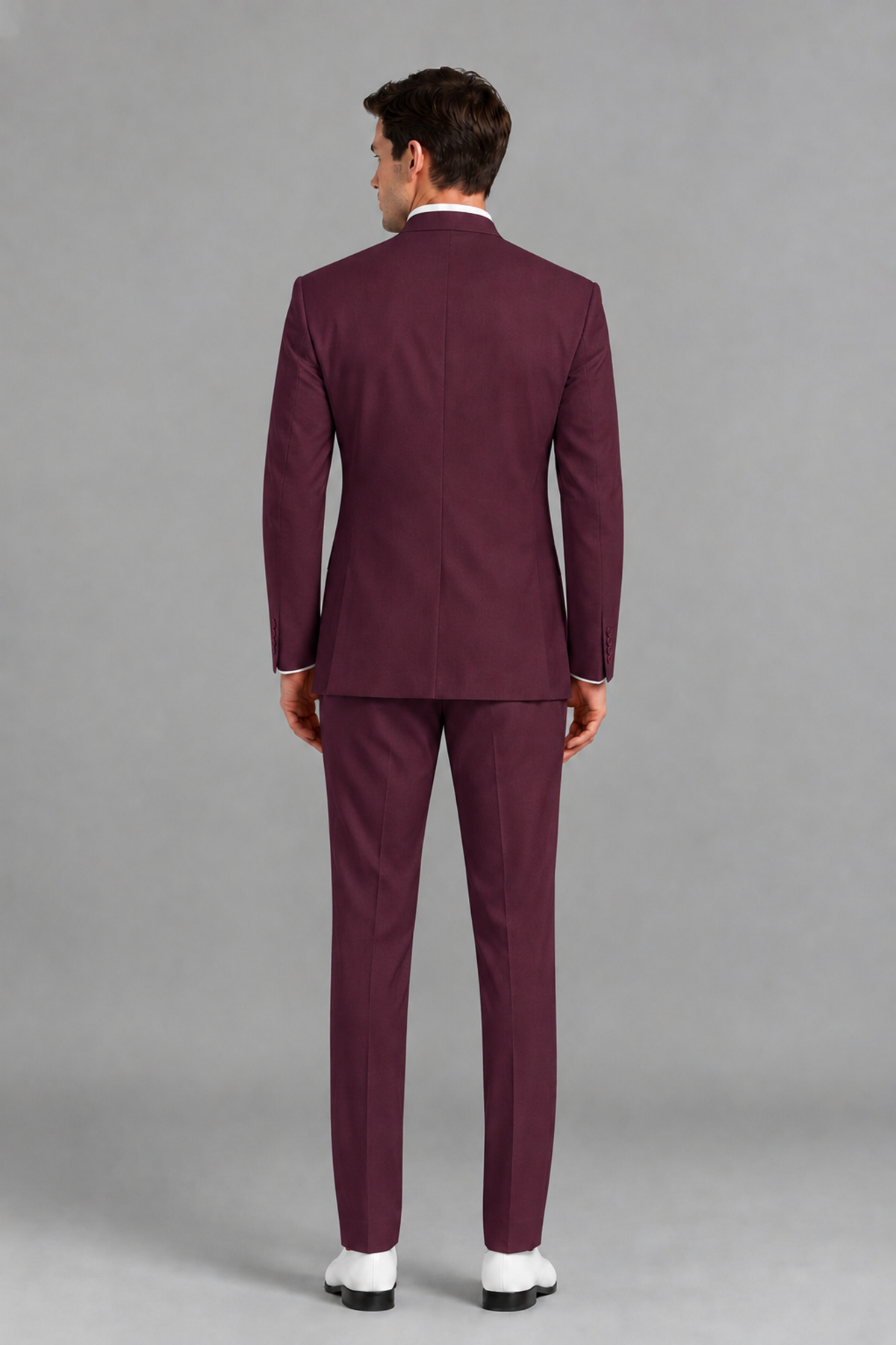 Savile Men's Burgundy Asymmetrical Mandarin Collar Tuxedo Suit – Modern 2-Piece Gold Button Wedding, Prom & Gala Set - Burgundy - Burgundy_3