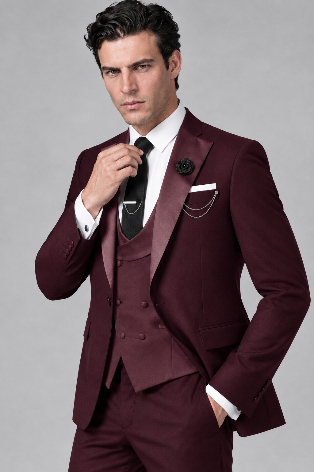 Savile Men's Burgundy 3-Piece Tuxedo Suit – Contrast Silver Peak Lapel & Grey Vest Formal Set - Burgundy - Burgundy_3