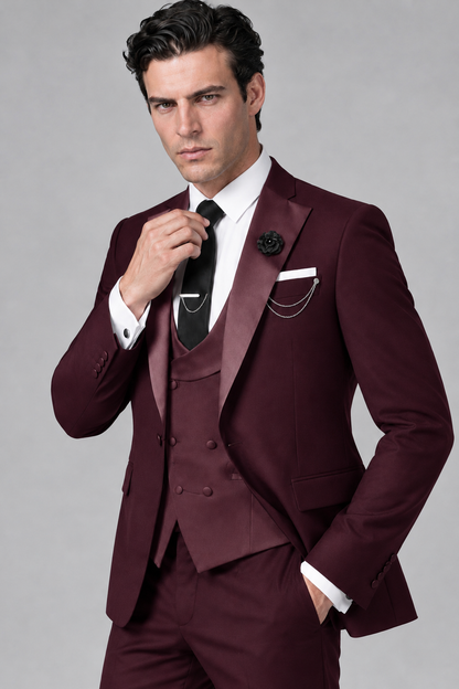 Savile Men's Burgundy 3-Piece Tuxedo Suit – Contrast Silver Peak Lapel & Grey Vest Formal Set - Burgundy - Burgundy_3