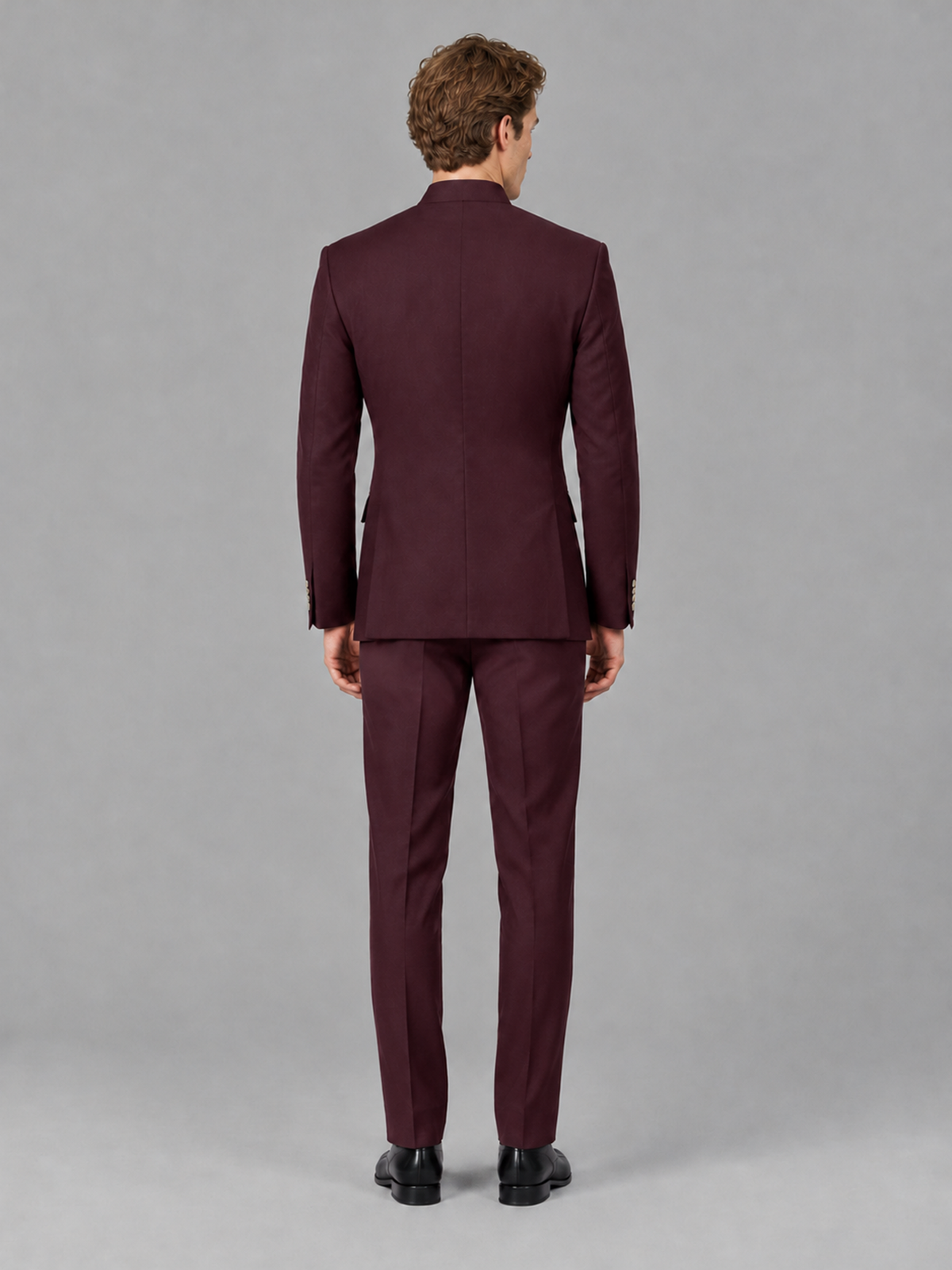 Savile Men's Burgundy Mandarin Collar Asymmetrical 2-Piece Suit Set – Modern Jacket & Trousers - Burgundy - Burgundy_3