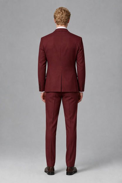 Savile Men's Burgundy Three-Piece Wedding Suit with Double-Breasted Waistcoat - Burgundy