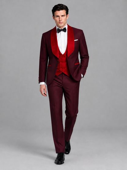 Savile Men's Burgundy 3-Piece Tuxedo Suit Set – Contrast Red Shawl Lapel Blazer, Red Waistcoat & Trousers - SUC020 - Burgundy