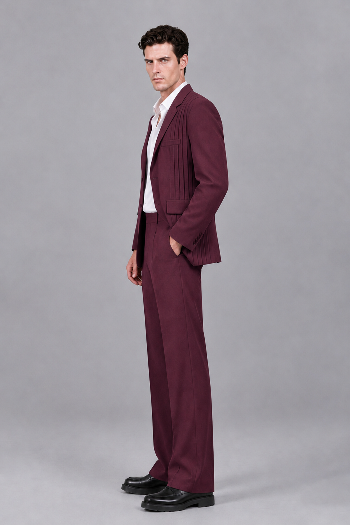 Savile Men's Burgundy Pleated 2-Piece Suit Set | Notch Lapel Blazer & Tailored Trousers - Burgundy - Burgundy_4