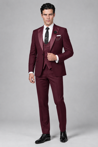 Savile Men's Burgundy 3-Piece Tuxedo Suit – Contrast Silver Peak Lapel & Grey Vest Formal Set - Burgundy - Burgundy_4