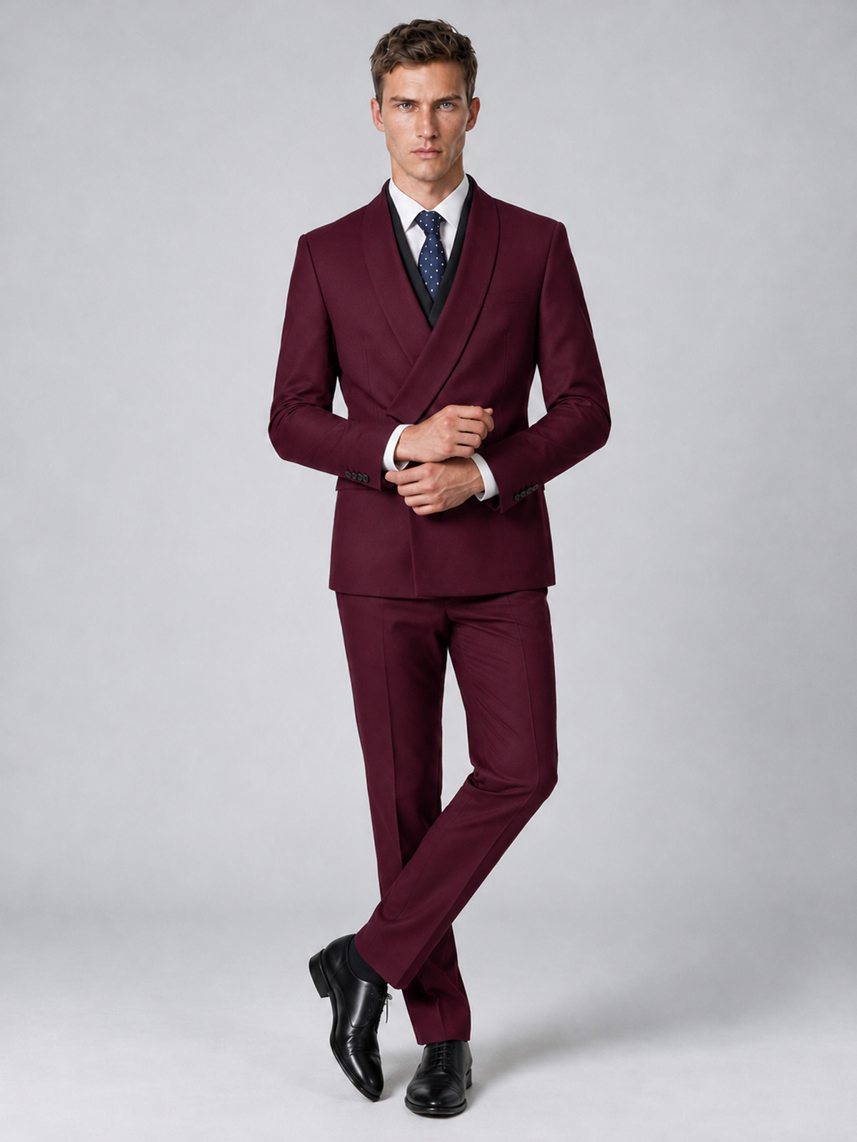Savile Men's Burgundy Wrap Shawl Lapel 2-Piece Suit Set – Modern Jacket & Trousers - Burgundy - Burgundy_4