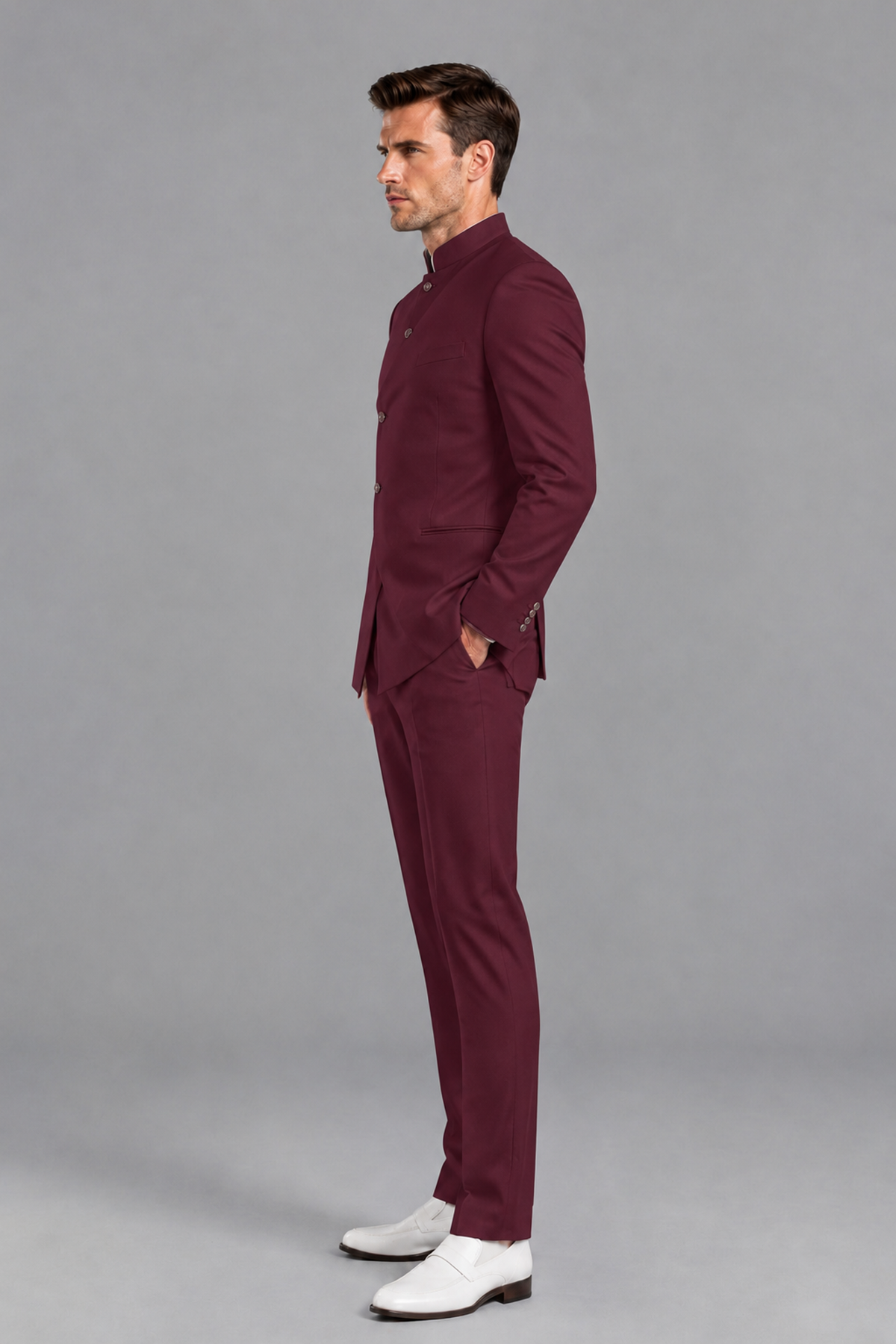 Savile Men's Burgundy Asymmetrical Mandarin Collar Tuxedo Suit – Modern 2-Piece Gold Button Wedding, Prom & Gala Set - Burgundy - Burgundy_4