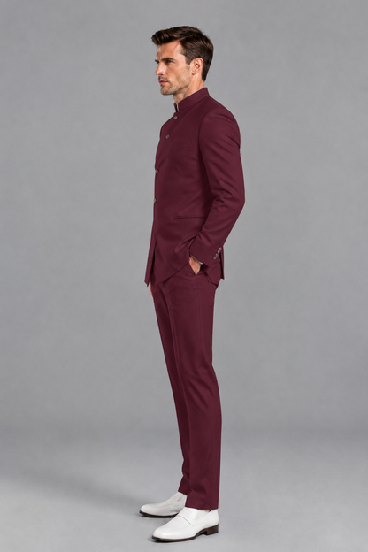 Savile Men's Burgundy Asymmetrical Mandarin Collar Tuxedo Suit – Modern 2-Piece Gold Button Wedding, Prom & Gala Set - Burgundy - Burgundy_4