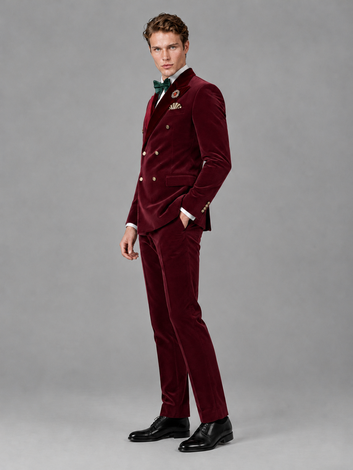 Savile Men's Burgundy Velvet Double-Breasted 2-Piece Tuxedo Suit with Burgundy Peak Lapel - Burgundy