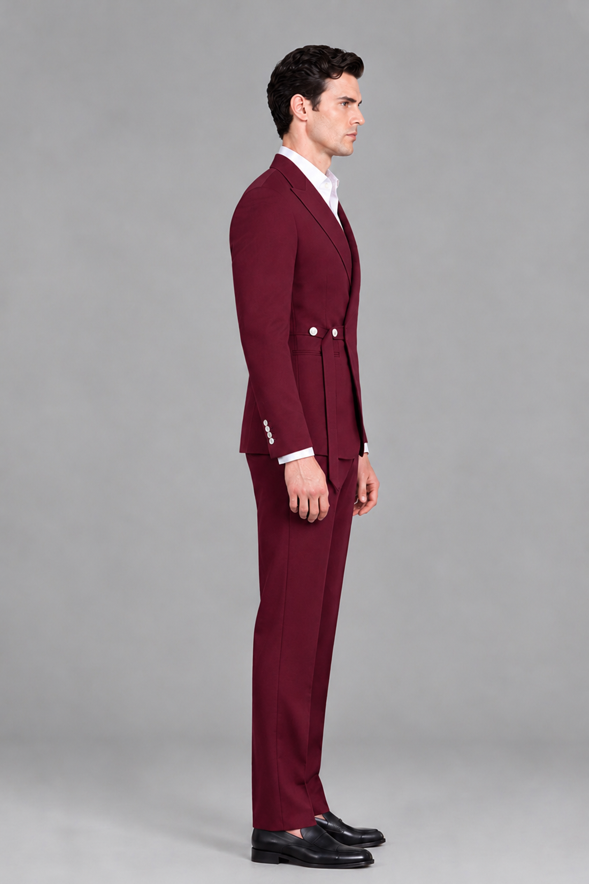Savile Men's Modern Burgundy 2-Piece Wrap Suit Set – Peak Lapel Side-Button Blazer & Tailored Trousers - Burgundy - Burgundy_4