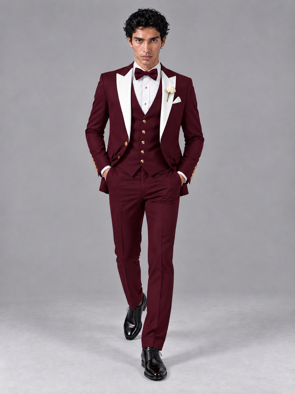 Savile Men's Burgundy Contrast White Peak Lapel 3-Piece Tuxedo Suit - Burgundy