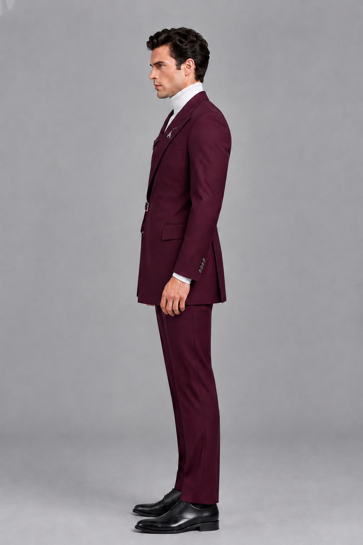 Savile Men's Burgundy Double Buckle Wrap Belted 2-Piece Suit Set – Peak Lapel Slim-Fit Jacket & Trousers - Burgundy - Burgundy_4