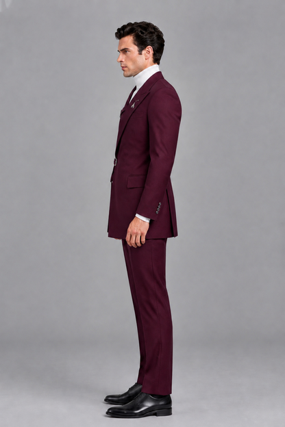 Savile Men's Burgundy Double Buckle Wrap Belted 2-Piece Suit Set – Peak Lapel Slim-Fit Jacket & Trousers - Burgundy - Burgundy_4