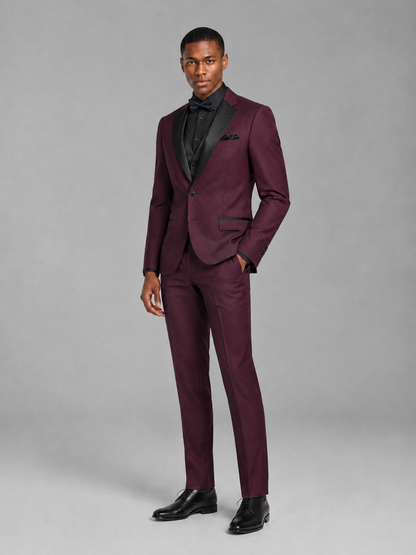 Savile Men's Burgundy Contrast Shawl Lapel Tuxedo Suit – 3-Piece Wedding, Prom & Black-Tie Formal Set - Burgundy - Burgundy_4