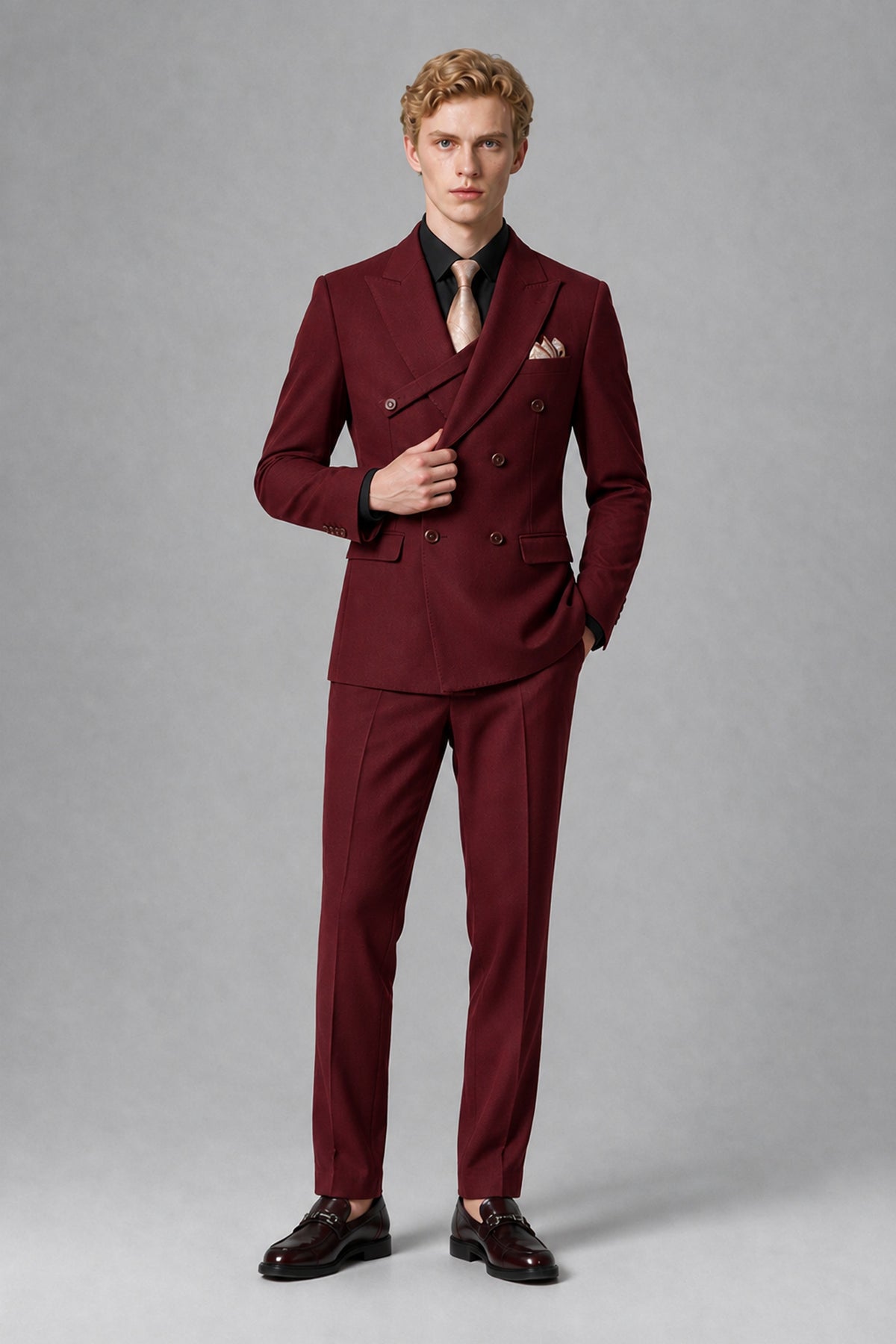 Savile Men's Burgundy Double-Breasted Two-Piece Suit - Burgundy