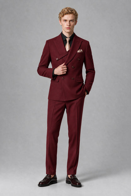 Savile Men's Burgundy Double-Breasted Two-Piece Suit - Burgundy
