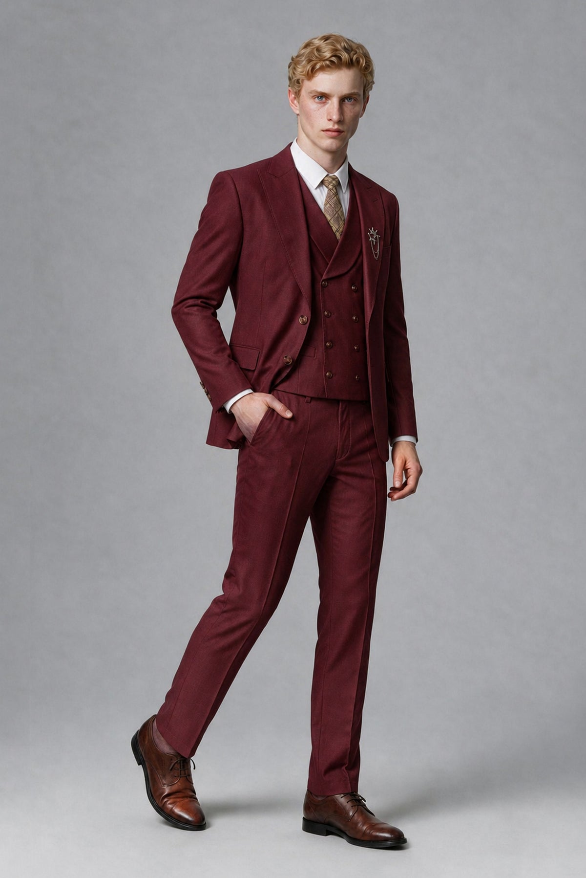 Savile Men's Burgundy Three-Piece Wedding Suit with Double-Breasted Waistcoat - Burgundy