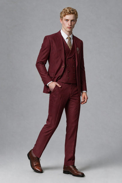 Savile Men's Burgundy Three-Piece Wedding Suit with Double-Breasted Waistcoat - Burgundy